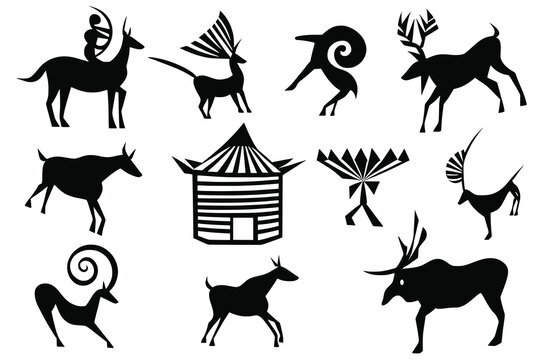 A series of petroglyphs, rock paintings of Siberia, vector design