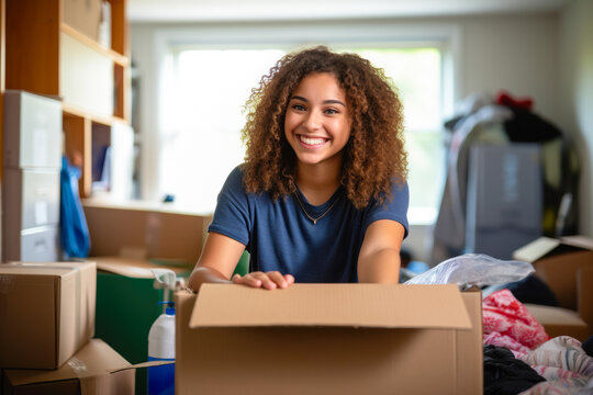 A Female College Freshman Unpacking Her Things And Stuff, Moving Into Her University Dorm Room