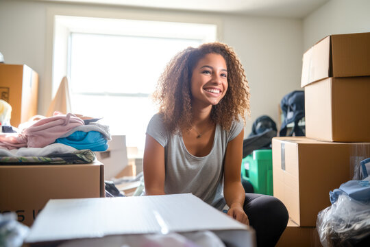 A female college freshman unpacking her things and stuff, moving into her university dorm room