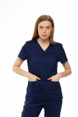 Beautiful girl doctor professional in work clothes on white background 