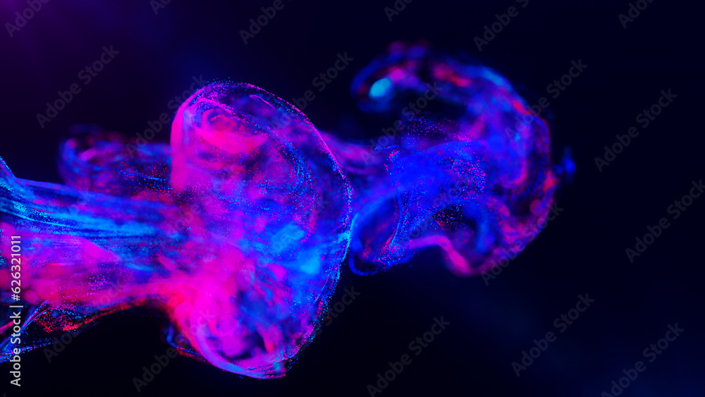 Poster abstract particles background. vivid color fluid particles. motion design background shining neon pa