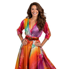 woman dressed in bohemian maxi dress in a mix of colors including orange, yellow, and green, a wide...