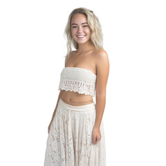 Obraz premium woman dressed in a bohemian maxi skirt, a cropped crochet top, isolated on a transparent white background 