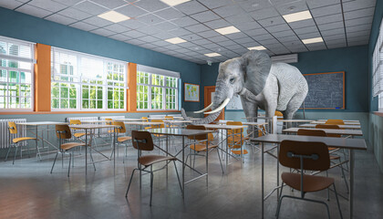 large elephant inside a modern school classroom.