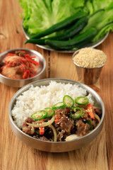 Korean Bulgogi Rice with Fresh Vegetable, Kimchi, and Cheongyang Green Chilli