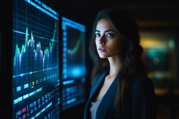 A female financial analyst examining stock ticker displays, analyzing recession indicators and bear market trends in economic decline, or bull market and economic upturn - obrazy, fototapety, plakaty