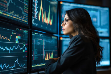 A female financial analyst examining stock ticker displays, analyzing recession indicators and bear market trends in economic decline, or bull market and economic upturn