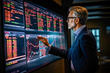 A male financial analyst examining stock ticker displays, analyzing recession indicators and bear market trends in economic decline, or bull market and economic upturn