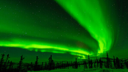 Fototapeta na wymiar Image of a v-shaped aurora borealis or northern lights fanning out across the night sky in the mountains of Fairbanks, Alaska.