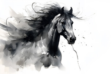 Horse illustration with Chinese brush stroke calligraphy in black and grey drawing inking