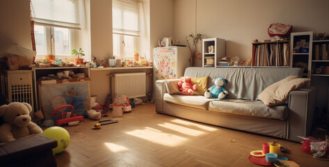 child playing with toys in bedroom ultra detailed hyper realistic modern wallpaper.Generative Ai content
