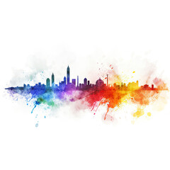 A vibrant city skyline with artistic watercolor splashes