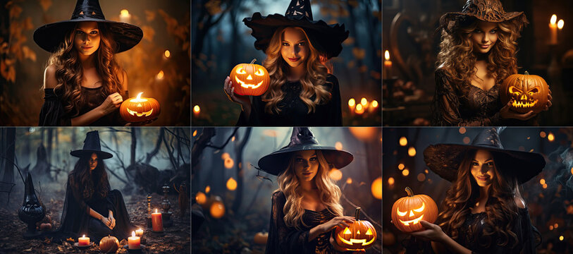 Halloween Witch with a carved pumpkin and magic lights in a dark forest.