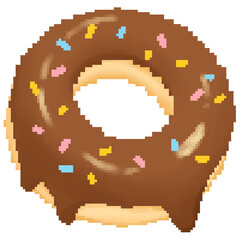 Cute chocolate donut  with rainbow icing in pixel art and transparent background