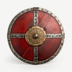 A beautifully crafted shield with intricate decorative details in wood and metal