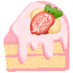 Cute strawberry layer cake in pixel art and transparent background