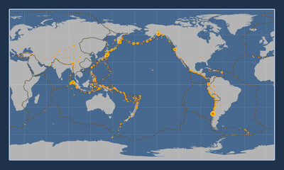 Kermadec tectonic plate. Contour. Patterson Cylindrical. Earthquakes and boundaries