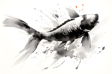 Koi fish illustration in Chinese brush stroke calligraphy in black and grey drawing inking