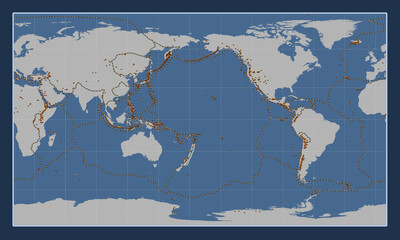 Kermadec tectonic plate. Contour. Patterson Cylindrical. Volcanoes and boundaries