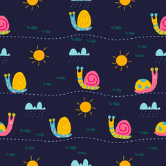 Farm pattern design.Cute snails  and flower ,cute snails on dark background. pattern design for kids clothing ,card, fabric.snails flower abstract seamless pattern