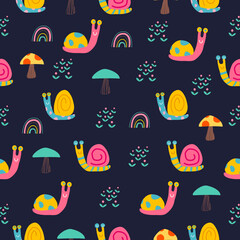 Farm pattern design.Cute snails  and flower ,cute snails on dark background. pattern design for kids clothing ,card, fabric.snails flower abstract seamless pattern