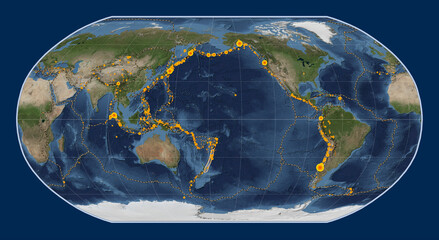 Kermadec tectonic plate. Satellite. Robinson. Earthquakes and boundaries