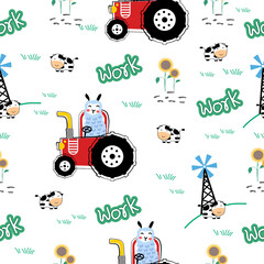 Farm pattern design.Cute tractor  ,cute animal ,sunflower ,wind turbine on white background. pattern.tractor pattern design for kids clothing ,card, fabric.tractor truck abstract seamless.