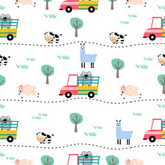 Farm pattern design.Countryside design for kids, book cover, kids clothing, card.Cute farm and cute animal ,sun flower ,tractor, bran, windmill.