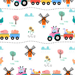 Farm pattern design.Cute tractor  and cute animal ,sun flower on white background. pattern.tractor pattern design for kids clothing ,card, fabric, book cover .Countryside farm