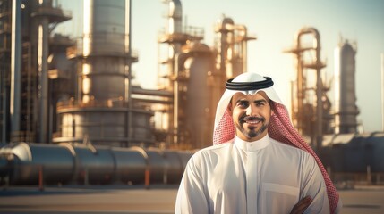  sheikh on the background of the oil refinery - obrazy, fototapety, plakaty
