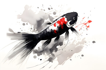 Koi fish illustration in Chinese brush stroke calligraphy in black and grey drawing inking - obrazy, fototapety, plakaty