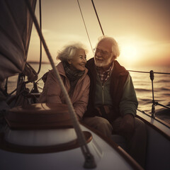 couple de retraité sur un bateau de plaisance au coucher de soleil - IA Generative - obrazy, fototapety, plakaty