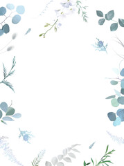 Dusty blue eucalyptus, white orchid, cedar branch, greenery, juniper, salal vector design frame
