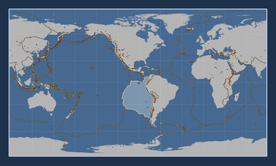 Nazca tectonic plate. Contour. Patterson Cylindrical. Volcanoes and boundaries