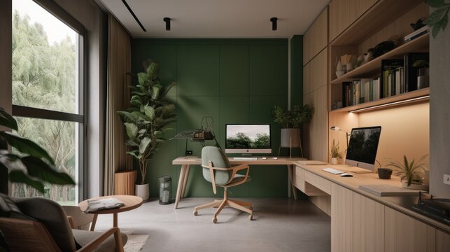 Modern study room area home interior design and decoration ideas house beautiful background,home studio with natural day light with garden or park background,ai generate