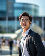 Fototapeta premium Photo of a successful Asian businessman in an office suit on the street near a business center. 