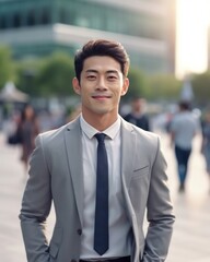 Fototapeta premium Photo of a successful Asian businessman in an office suit on the street near a business center. 
