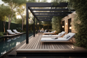 a lavish side outside garden at morning, with a teak hardwood deck and a black pergola. Scene in the evening with couches and lounge chairs by the pool, generative AI	

