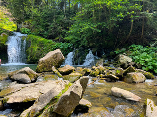 Perfect landscape with waterfall in the Carpathian Mountains. West part on Ukraine, small waterfall in the wild river.