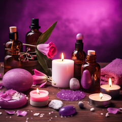 Obraz na płótnie Canvas Beautiful spa composition on purple background. Natural skincare cosmetic products