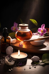 Fototapeta na wymiar Beautiful spa composition on dark background. Natural skincare cosmetic products