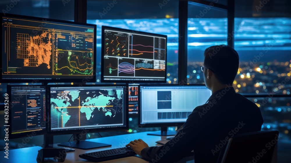 Poster network operations center ( noc) with technicians monitoring network traffic, troubleshooting issues