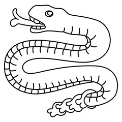 Rattle snake from Aztec codex. Native American art of ancient Mexico. Black and white linear silhouette.