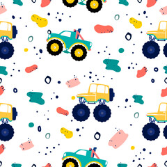 Monster truck  cartoon pattern design .monster truck pattern for kids clothing, printing, fabric ,cover.Monster car seamless pattern.Monster truck on white background.
