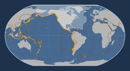 North American tectonic plate. Contour. Robinson. Earthquakes and boundaries