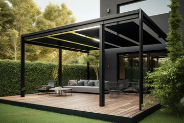 Modern black bio climatic pergola with top view on an outdoor patio. Teak wood flooring, a pool, and lounge chairs. green grass and trees in a garden, generative AI	
