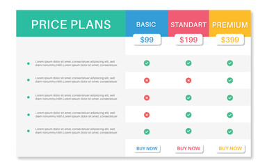 Pricing table, chart, design with four subscription plans template for website, presentation, applications element. Business comparison plan chart. Modern-looking flat-style infographic design. Vector