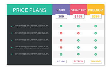 Pricing table for business website. comparison chart template. comparison table. vector illustration