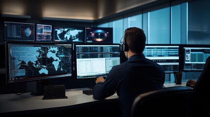 Naklejka premium Network operations center ( NOC) with technicians monitoring network traffic, troubleshooting issues, and ensuring network performance