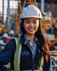 Beatiful confidence asian woman builder worker in uniform and safety helmet smilling. Labour day. 